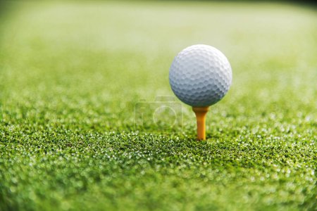 Soft focus of white small golf ball on tee ready to hit in game on green course