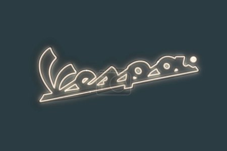 Téléchargez les photos : Neon Vespa logo qui est une marque italienne de luxe de scooters et cyclomoteurs fabriqués par Piaggio - en image libre de droit