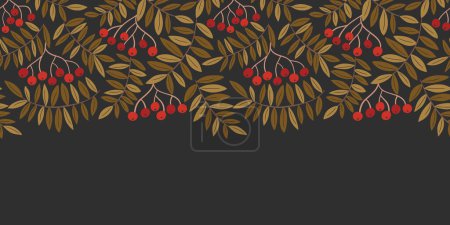 Ilustración de Colorido otoño Linocut Rowan follaje del árbol y bayas Vector sin costura Horizontal patrón de frontera. Autumn Wilderness impresión gráfica - Imagen libre de derechos