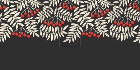 Ilustración de Navidad Monocromo Linocut Rowan follaje del árbol y bayas Vector sin costura Horizontal patrón de frontera. Vacaciones de invierno Wilderness impresión gráfica - Imagen libre de derechos