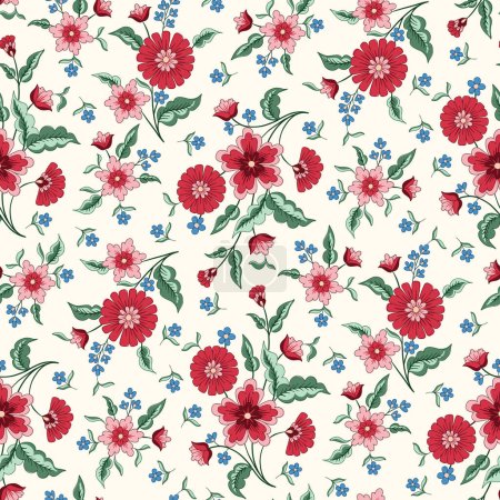 Indian Flowers Vector Seamless Pattern. Cottagecore Chintz Floral auf weißem Hintergrund. Zarter Sommer Boho Print
