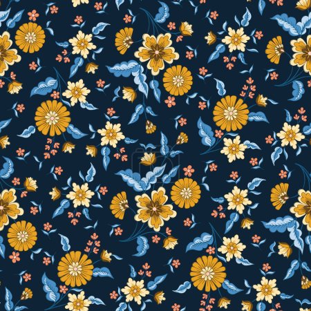 Indian Flowers Vector Seamless Pattern. Cottagecore Chintz Floral on Dark Background. Delicate Summer Boho Print