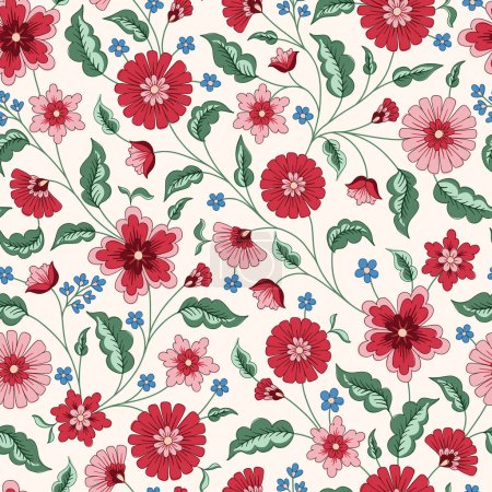 Indian Trailing Flowers Vector Seamless Pattern (en inglés). Cottagecore Chintz Floral sobre fondo blanco. Delicado estampado boho de verano