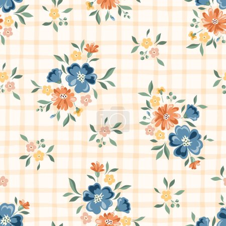 Delicado Chintz Romantic Meadow Wildflowers y Gingham Plaid Vector Seamless Pattern. Cottagecore Garden Flowers and Foliage Print. Bouquet de Homestead. Fondo de la granja