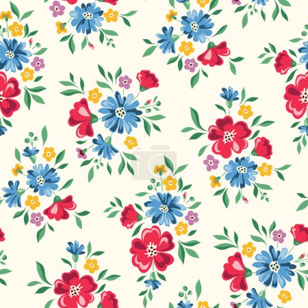 Cheery and Bright Chintz Romantic Meadow Wildflowers Vector Seamless Pattern. Cottagecore Garden Flowers and Foliage Print. Bouquet de Homestead. Fondo de la granja