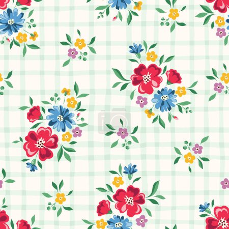 Fröhliche und helle Chintz Romantic Meadow Wildflowers und Gingham Plaid Vector Seamless Pattern. Cottagecore Garden Flowers and Laub Print. Homestead Bouquet. Hintergrund Bauernhof