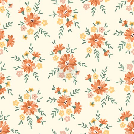 Delicado Chintz Romantic Meadow Wildflowers Vector Seamless Pattern. Cottagecore Garden Flowers and Foliage Print. Bouquet de Homestead. Fondo de la granja