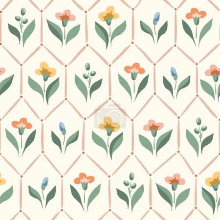 Delicate Chintz Romantic Meadow Wildflowers and Geometric Tiles Vector Seamless Pattern. Cottagecore Garden Flowers and Foliage Print. Homestead Bouquet. Farmhouse Background. Flowers in Greenhouse