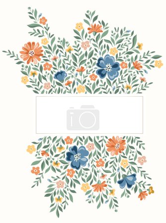 Cadre rectangulaire vectoriel Chintz Romantic Meadow Wildflowers délicat. Cottagecore Garden Fleurs et Feuillage Imprimer. Homestead Bouquet. Carte d'invitation de mariage de ferme