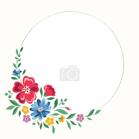Colorido Chintz Romantic Meadow Wildflowers Vector Round Frame. Cottagecore Jardín Flores y follaje de la boda Invitación. Bouquet de Homestead. Fondo de la granja