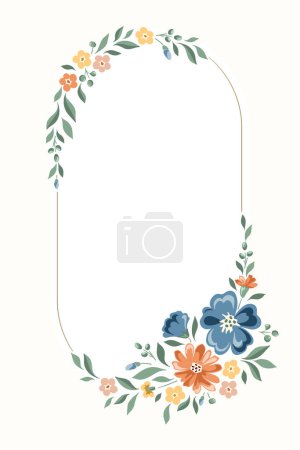 Delicate Chintz Romantic Meadow Wildflowers Vector Vertical Oval Frame. Cottagecore Garden Flowers and Foliage Wedding Invitation. Homestead Bouquet. Farmhouse Background