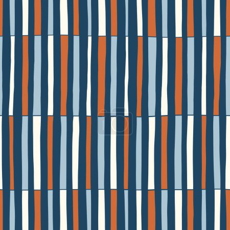 Hand-Drawn Blue, Brown and White Geometric Stripes Vector Seamless Pattern. Modern Retro Palyful Print. Organic Square Shapes