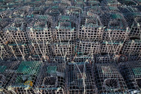 Montón de jaulas de cangrejo y langosta en Portugal. Concepto de mariscos.