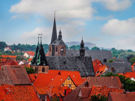 Photo for Quedlinburg,Saxony-Anhalt, Germany. 06 July 2021. small town. tiled orange roofs, top view. UNESCO World Heritage city. - Royalty Free Image