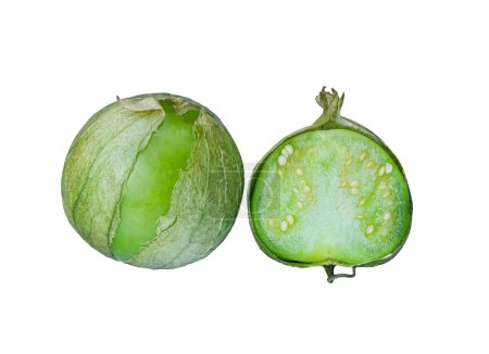 Photo for Physalis philadelphica. Tomatillo or Mexican husk tomato. Fresh organic green tomatillos (Physalis philadelphica) with a husk. One whole and half isolated on white - Royalty Free Image