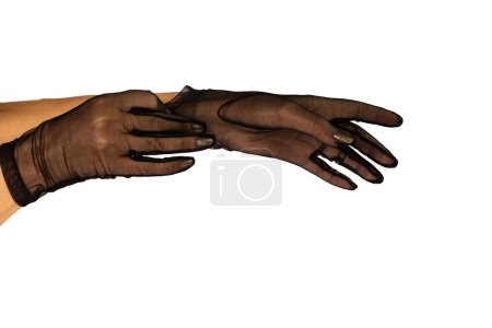 Photo for Female hands with a manicure in thin black short tender guipure gloves on a white background isolated - Royalty Free Image