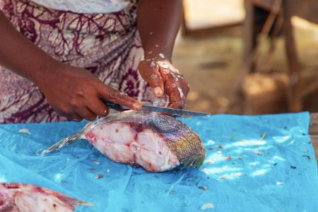 Toamasina, Madagaskar. 18. Oktober 2023. Frische Fischgerichte lokalen Markt. Frauen putzen und verkaufen frischen Fisch. Hände und Stücke Fisch im Fokus. Lokaler Geschmack.