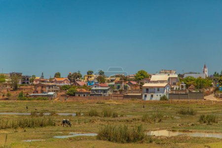 Foto de Antananarivo, Madagascar. 07 Octubre 2023. Antananarivo. La gente sufre de pobreza país de desarrollo lento. La gente del pueblo se apresura a ocuparse de sus asuntos. La gente del pueblo trabaja en campos de arroz cerca de casas - Imagen libre de derechos
