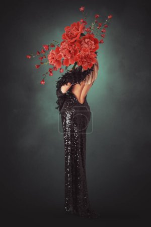 Photo for Abstract contemporary art collage portrait of young woman in long dress with flowers - Royalty Free Image