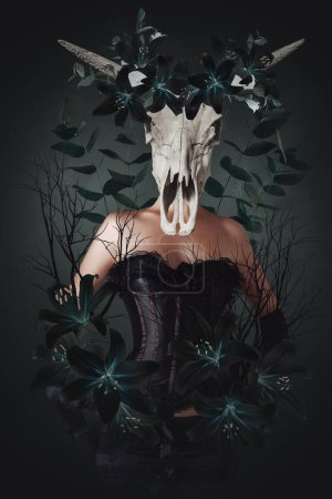 Photo for Mysterious woman portrait. Concept dark art collage of witch dead animal skull hides her face. - Royalty Free Image