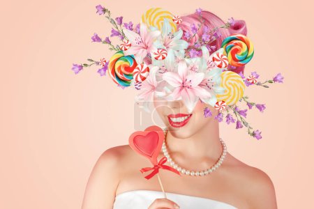 Photo for Abstract contemporary art collage portrait of young woman with flowers and sweets - Royalty Free Image