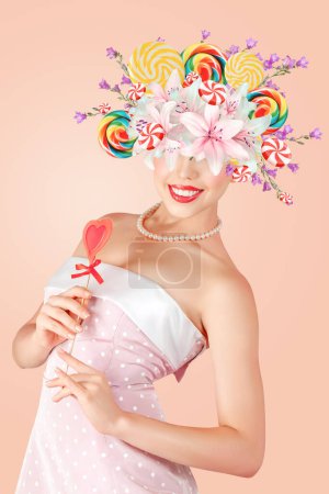 Photo for Abstract contemporary art collage portrait of young woman with flowers and sweets - Royalty Free Image