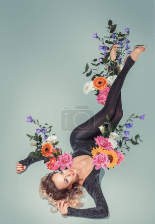 Photo for Abstract contemporary art collage portrait of young woman with flowers - Royalty Free Image
