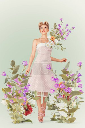 Photo for Abstract contemporary art collage portrait of young woman with flowers - Royalty Free Image
