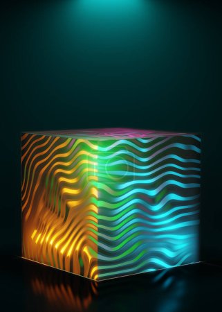 Photo for 3d rendering of neon abstract background with glowing waves over isolated cube. Laser show in virtual reality. - Royalty Free Image