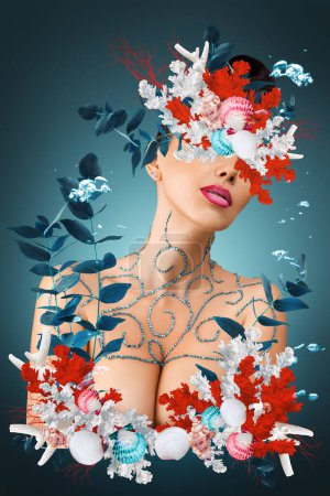 Photo for Abstract surreal art collage portrait of young woman with exotic sea plants, flowers and corals - Royalty Free Image