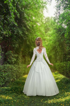 Photo for Back view of a woman in white wedding dress standing in sunny fairy forest. Rear view - Royalty Free Image