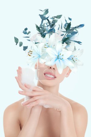 Photo for Young woman with abstract flowers mask have skin care treatment - Royalty Free Image