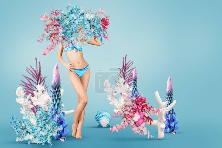 Photo for Discover the epitome of elegance as a graceful woman stands in full length, surrounded by a breathtaking display of abstract flowers, corals, and sea shells. Her presence harmonizes with the vibrant elements, creating a mesmerizing portrait of sereni - Royalty Free Image