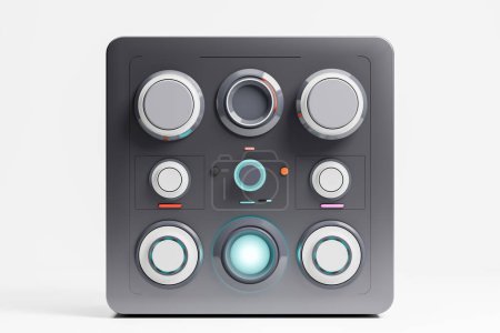 Photo for A 3D render mockup featuring a minimalist-styled electronics console adorned with switches, buttons, and dials, exuding a sleek and modern design. - Royalty Free Image