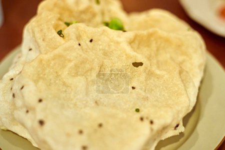 Closeup crispy rice cracker, appetizer concep