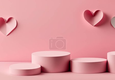 Beautiful pink Valentines day scene mockup with three different size cylinder podiums, paper hearts, copy spac