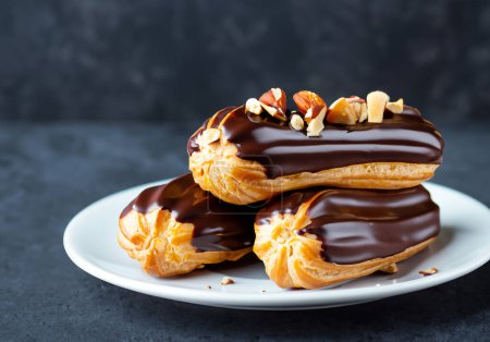 Chocolate eclairs with calamelized nuts, on dark background