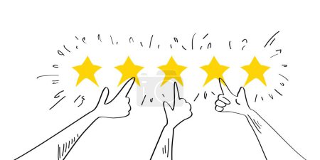 Illustration for Five star rating positive feedback. doodle raise your hand. Hands of satisfied and happy people choose five gold stars that give positive feedback. hand drawn style. vector illustration - Royalty Free Image