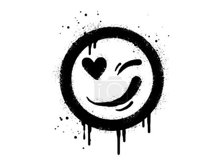 Téléchargez les illustrations : Visage souriant caractère émoticône. Spray peint visage sourire graffiti avec amour en noir sur blanc. isolé sur fond blanc. illustration vectorielle - en licence libre de droit