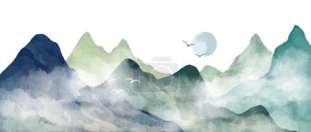Illustration for Natural blue mountain landscape. Watercolor painting. Abstract contemporary aesthetic backgrounds landscapes. with mountains, hill and the moon. vector illustrations - Royalty Free Image
