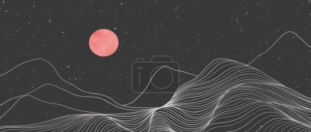 Illustration for Illustrations of Mountain line art landscape. Creative minimalist modern line art pattern. Abstract contemporary aesthetic backgrounds landscapes. with Mountain, hill and red moonlight - Royalty Free Image