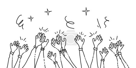 Handgezogene Hände, klatschende Ovationen, Applaus. Hände hoch Geste im Doodle-Stil. Vektorillustration