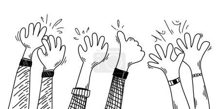 Handgezeichnete Hände, die Ovationen klatschen. Applaus, Daumenhoch-Geste im Doodle-Stil. Vektorillustration