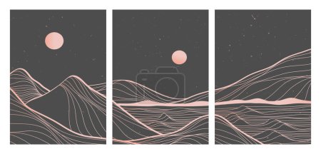 Handgezeichnete Linienkunst Illustration von Berg und Ozean Wellen am Set. Abstrakte Berg zeitgenössische ästhetische Hintergrundlandschaft. verwendet für Kunstdrucke, Poster, Cover, Banner