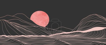 Handgezeichnete Linienkunst Illustration von Gebirgs- und Meereswellen. Abstrakte Berg zeitgenössische ästhetische Hintergrundlandschaft. verwendet für Kunstdrucke, Poster, Cover, Banner