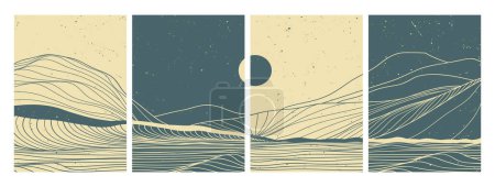 Handgezeichnete Linienkunst Illustration von Berg und Ozean Wellen am Set. Abstrakte Berg zeitgenössische ästhetische Hintergrundlandschaft. verwendet für Kunstdrucke, Poster, Cover, Banner