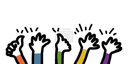 Main levée des mains, applaudissements, pouces levés geste sur le style doodle. illustration vectorielle