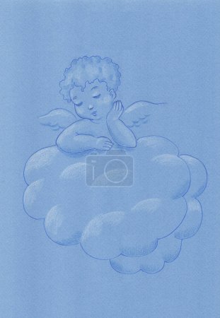 Freehand illustration of a tone-on-tone little angel on a light blue background