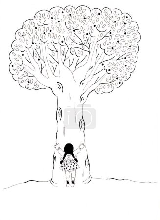 Dibujo de tinta a mano alzada sobre papel de una niña abrazando un árbol
