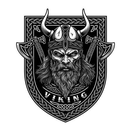Téléchargez les illustrations : Tête de guerrier viking portant casque et haches Graphique vectoriel - en licence libre de droit
